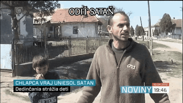 a man standing next to a little boy with the words odit satan on the bottom