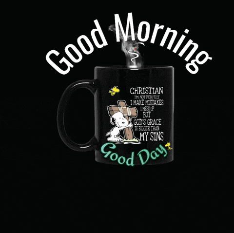 a black coffee mug with snoopy on it that says good morning