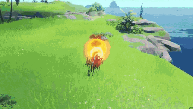 a person in a video game is holding a sword in a field .