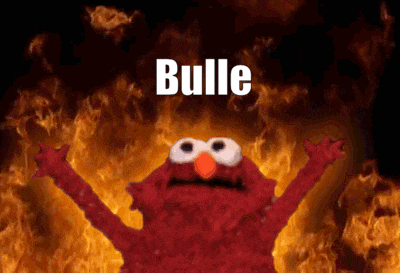 elmo is standing in front of a fire with the word bulle written above him