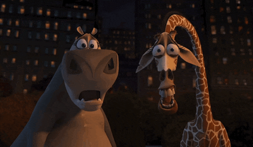 a hippopotamus and a giraffe are looking at each other with their mouths open