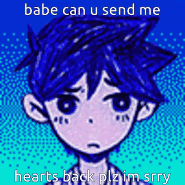 a pixel art of a boy with blue hair and the words " babe can u send me hearts back plz im sorry "