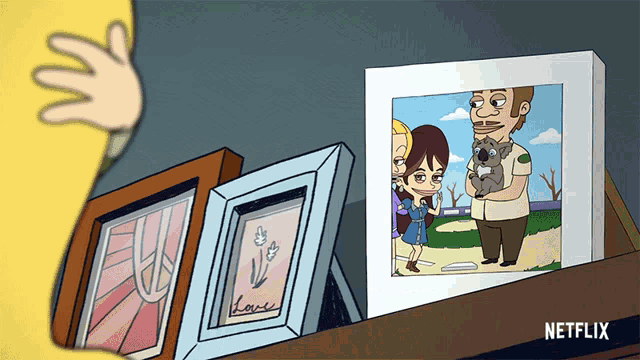 a cartoon of a man and woman holding a dog with a netflix logo below them
