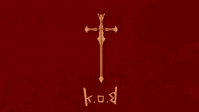 a gold cross on a red background with the letters k.o.d