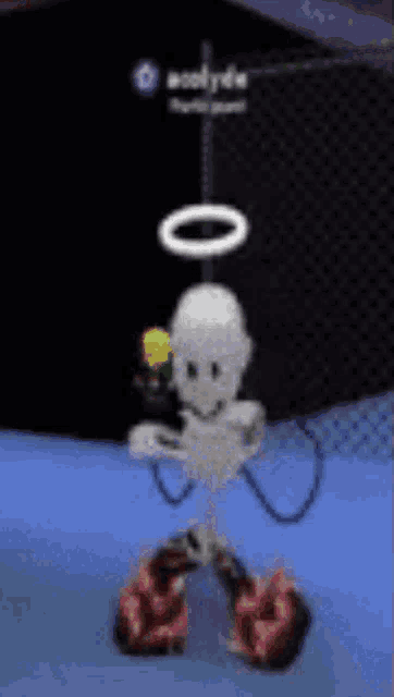 a skeleton with a halo on his head is holding a flower and a controller .