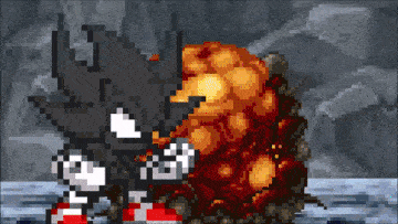 a pixel art drawing of sonic the hedgehog standing next to a large explosion