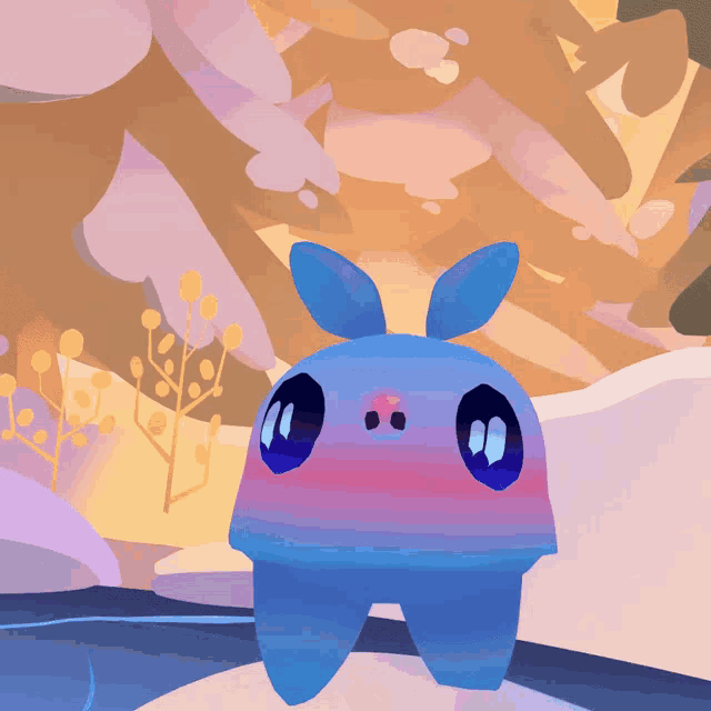 a cartoon drawing of a blue monster with a pink nose