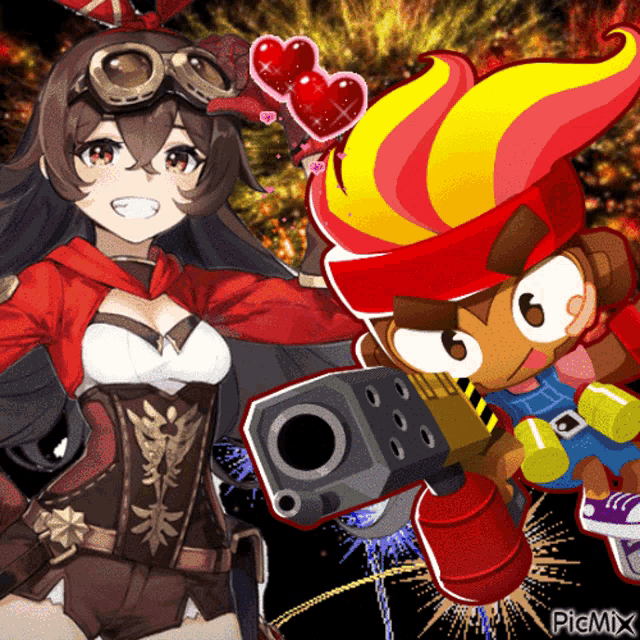 a cartoon of a girl and a monkey with a gun says picmix on the bottom right