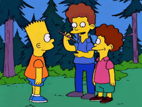 bart simpson is talking to two other cartoon characters in a forest