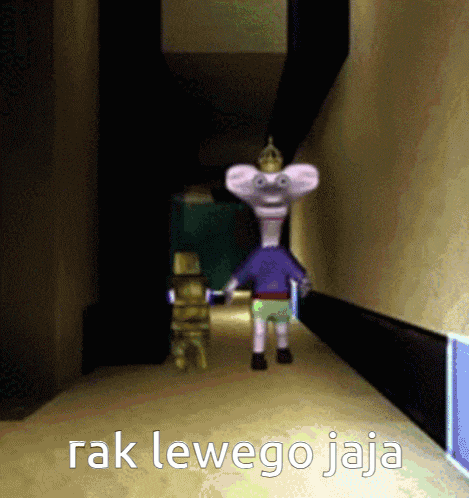 a cartoon character is walking down a hallway with the words rak lewego jaja written on the bottom
