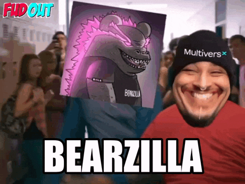a man wearing a hat that says multivers x is holding a poster of a bearzilla