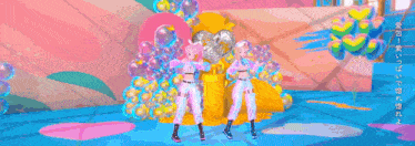 a couple of girls are standing in a room with bubbles and balloons ..