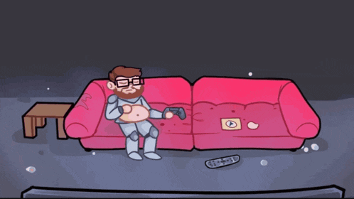 a cartoon of a man sitting on a pink couch with a remote control