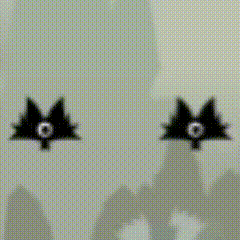 a drawing of two bats flying in the air with a circle in the middle .