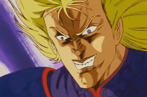 a close up of a cartoon character with a purple eye