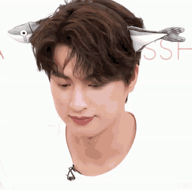 a close up of a person wearing a fish ear headband