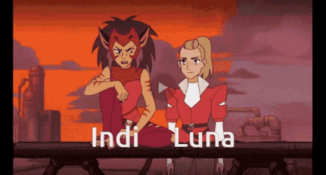 two cartoon characters sitting next to each other with the words indi luna on the screen