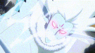 a close up of a cartoon character 's face with red eyes
