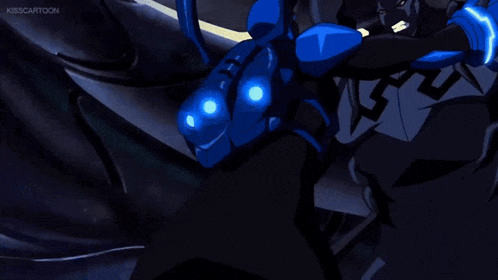 a person is holding a blue sword in their hand .