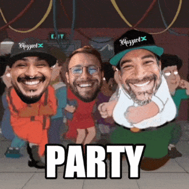 a group of men are dancing in a room with the word party on the bottom