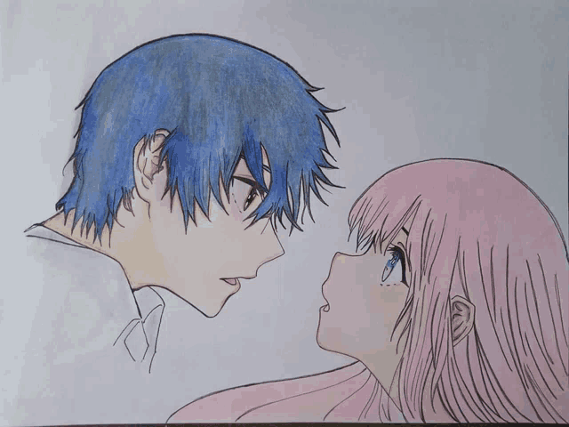 a boy with blue hair and a girl with pink hair are looking at each other