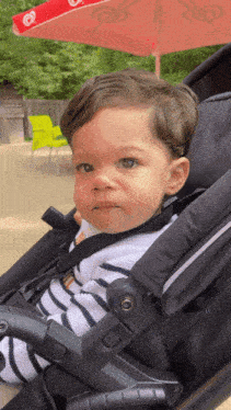 a baby is sitting in a stroller under a red umbrella