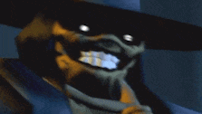 a close up of a scarecrow wearing a hat with glowing eyes