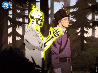 a cartoon of a man smoking a cigarette with a dc logo in the upper left corner