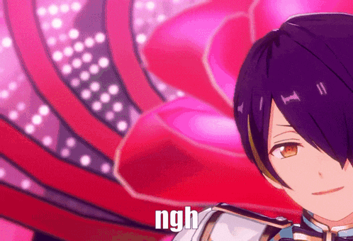 a purple haired anime character is standing in front of a pink background with the word ngh written on it