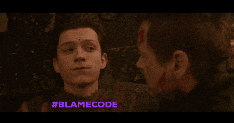 two men are looking at each other with the words #blamecode written below them