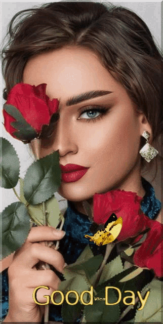 a woman with red lipstick is holding a red rose in front of her face with the words good day visible