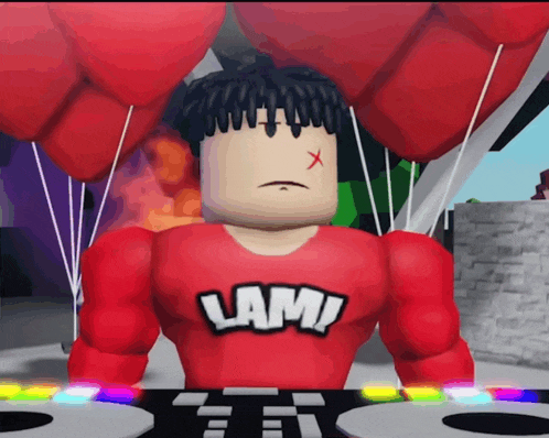 a person wearing a red shirt that says lami