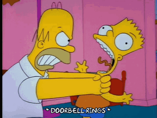 homer simpson is holding bart simpson 's hand in a cartoon scene from the simpsons