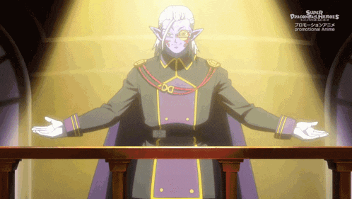 a cartoon character from super dragon ball heroes stands in front of a balcony