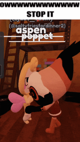 a cartoon character with the words stop it aspen puppet on the bottom