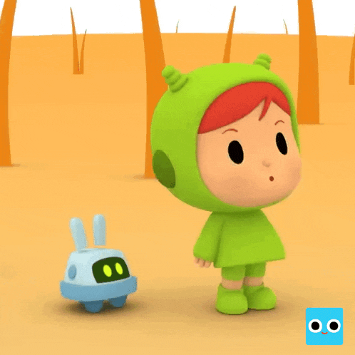 a cartoon character in a green outfit stands next to a small blue robot