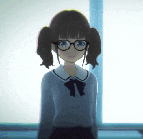 a girl wearing glasses and a blue shirt is standing in front of a window