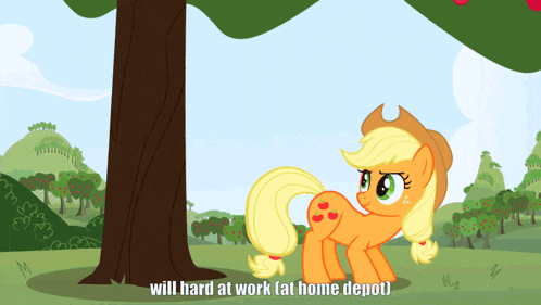 a cartoon pony with the words will hard at work at home depot on the bottom