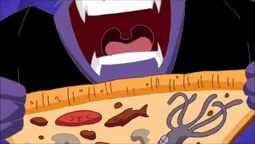 a cartoon drawing of a vampire holding a slice of pizza with scissors and a fish on it