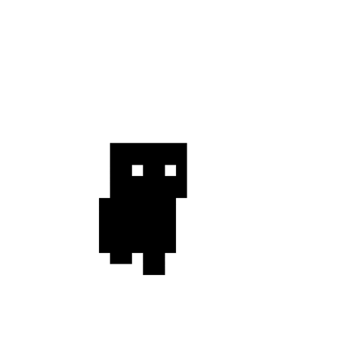a black pixel art drawing of a ghost with two squares in its eyes .