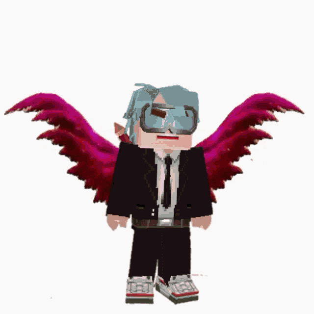 a cartoon character wearing a suit and tie and purple wings