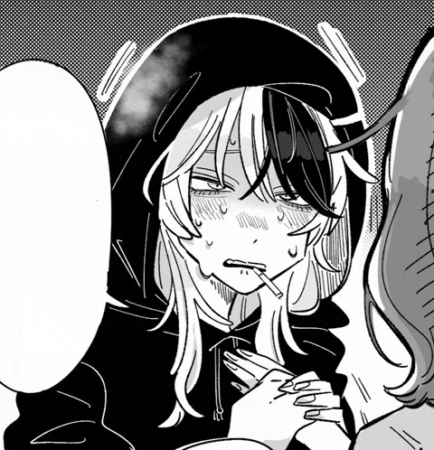 a black and white drawing of a girl with long hair smoking a cigarette