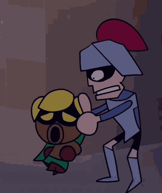 a cartoon of a man in a knight 's helmet holding another man 's arm