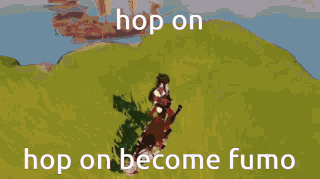 a yellow background with the words hop on become fumo in white letters