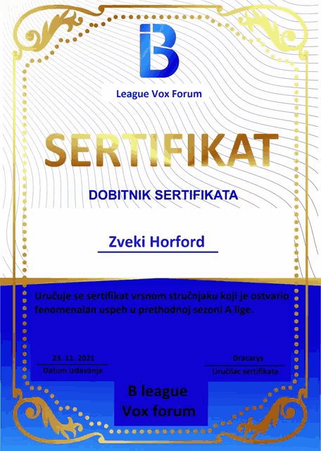 a league vox forum certificate with a blue background