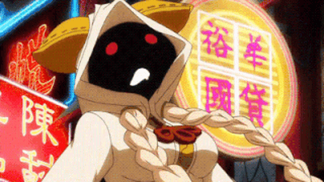 a cartoon character is standing in front of a neon sign that says ' chinese ' on it