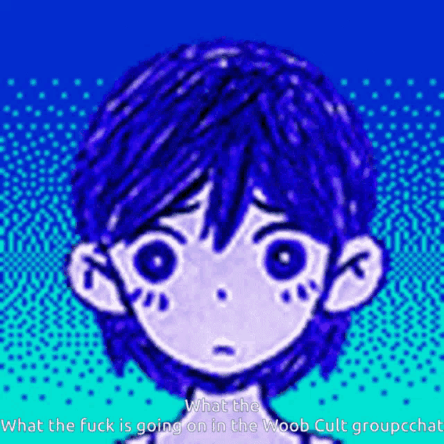 a drawing of a boy with blue hair and the words what the fuck is going on in the woob cult groupchat