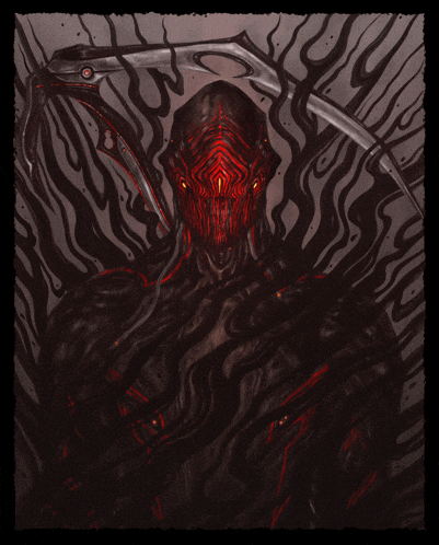 a drawing of a monster with red eyes and a sword