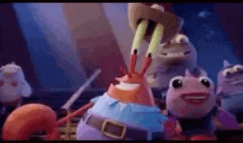 a group of stuffed animals are standing next to each other in a room in a cartoon .