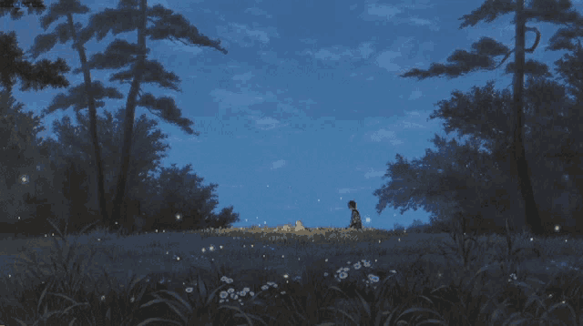 a person standing in a field with fireflies in the sky
